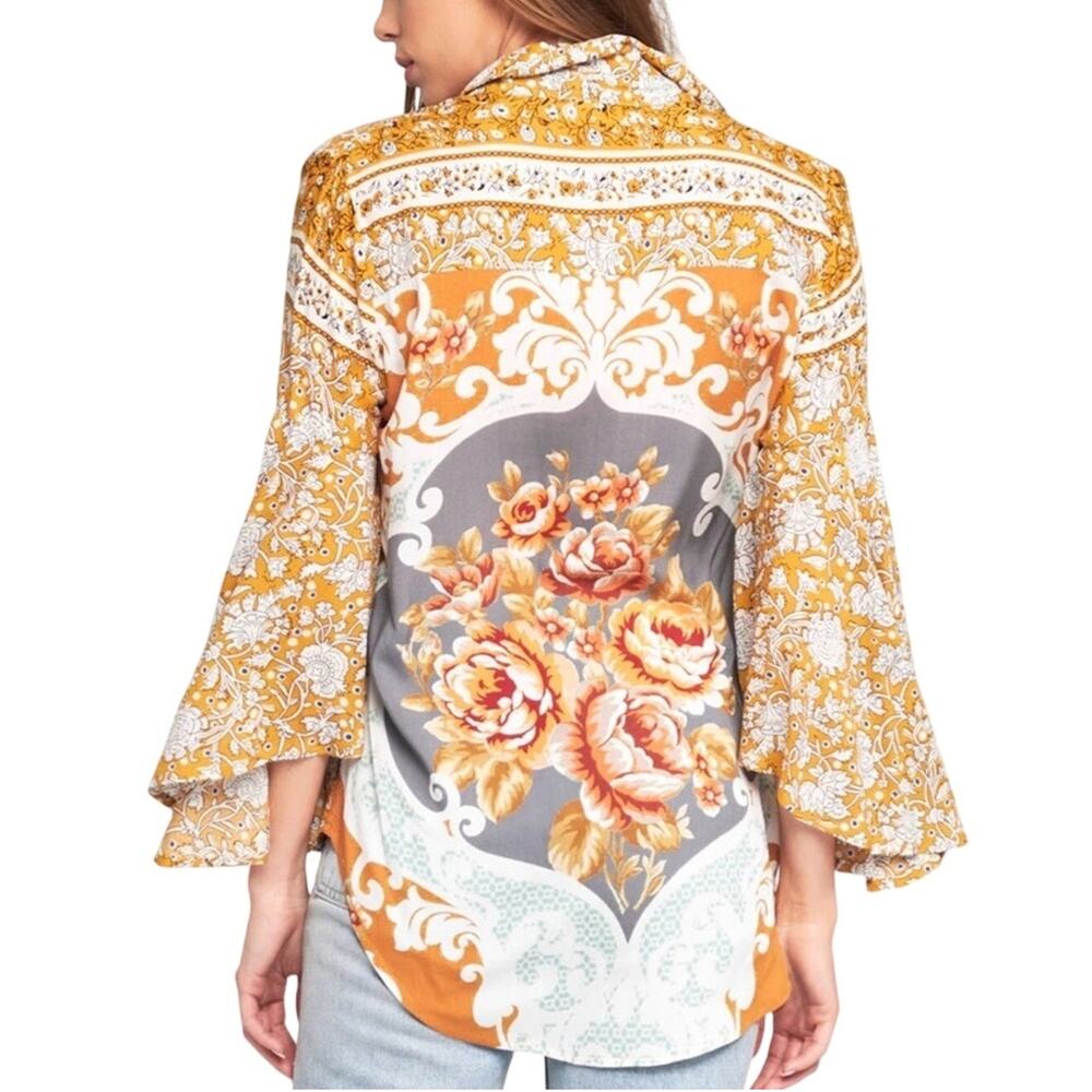ARATTA Eliza Shirt NWT Yellow Floral Bell Sleeve Blouse Scarf Print Small